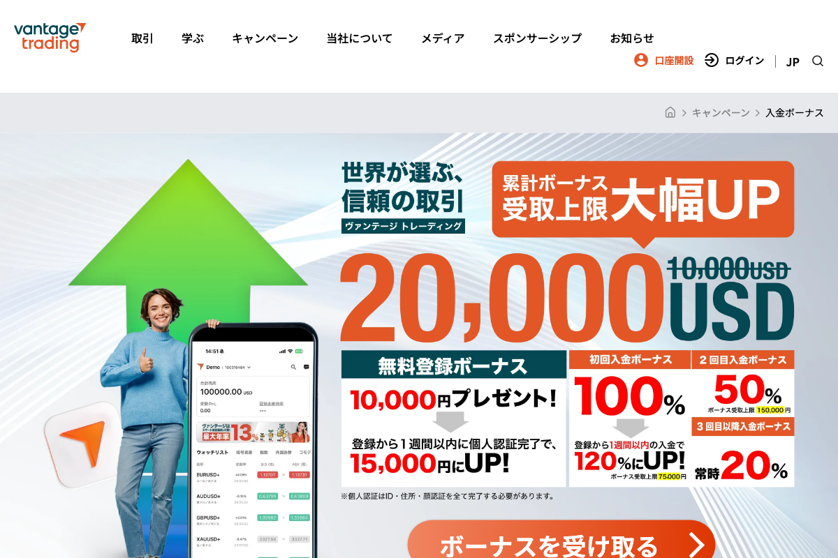 海外FX口座開設ボーナス7位・Vantage Tradingの無料登録ボーナスページ（7日以内のKYC完了で15,000円）